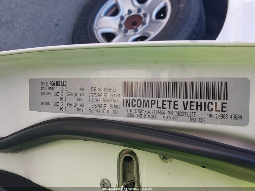 2020 Ram 2500 VIN: 3C7WR4HJ4LG110444 Lot: 43643929