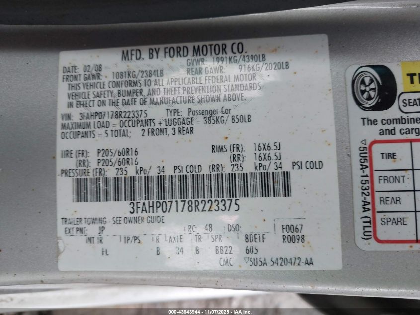 2008 Ford Fusion Se VIN: 3FAHP07178R223375 Lot: 43643944