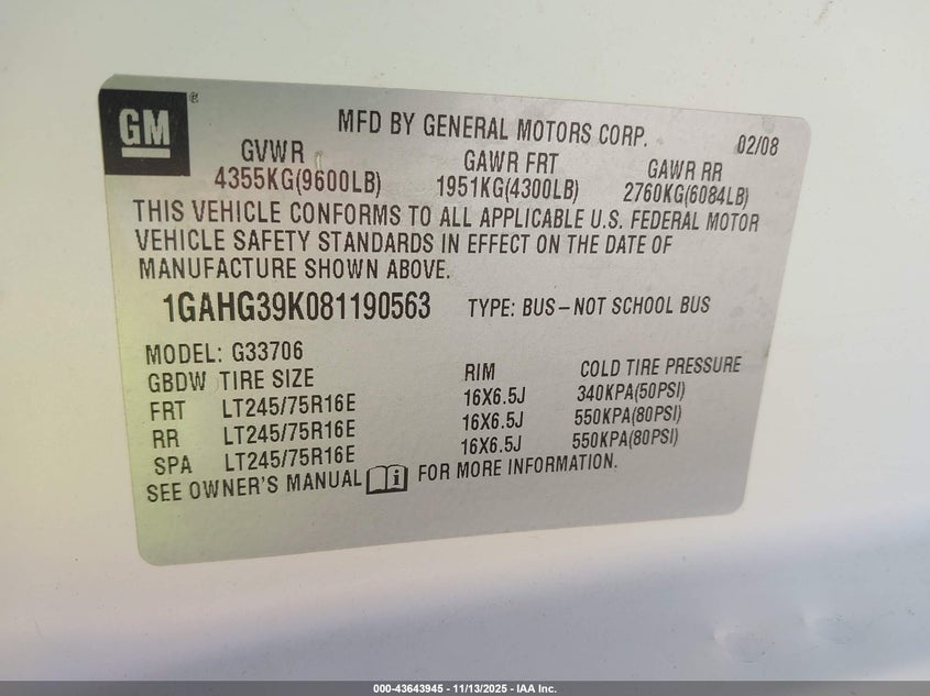 2008 Chevrolet Express Ls VIN: 1GAHG39K081190563 Lot: 43643945