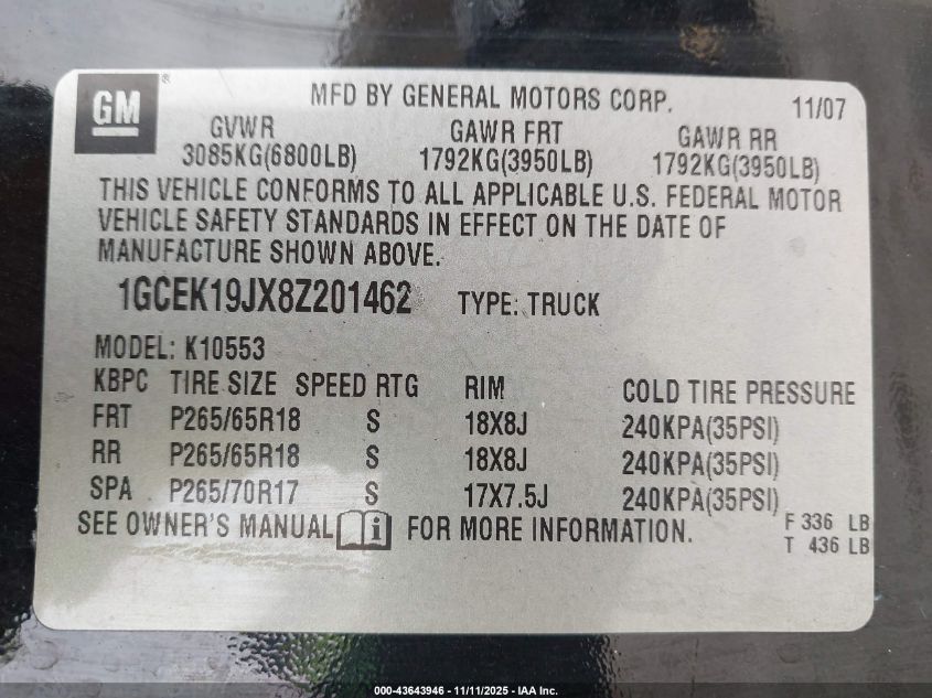 2008 Chevrolet Silverado 1500 Lt1 VIN: 1GCEK19JX8Z201462 Lot: 43643946