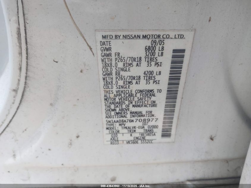 2006 Nissan Armada Le VIN: 5N1AA08A76N708977 Lot: 43643960