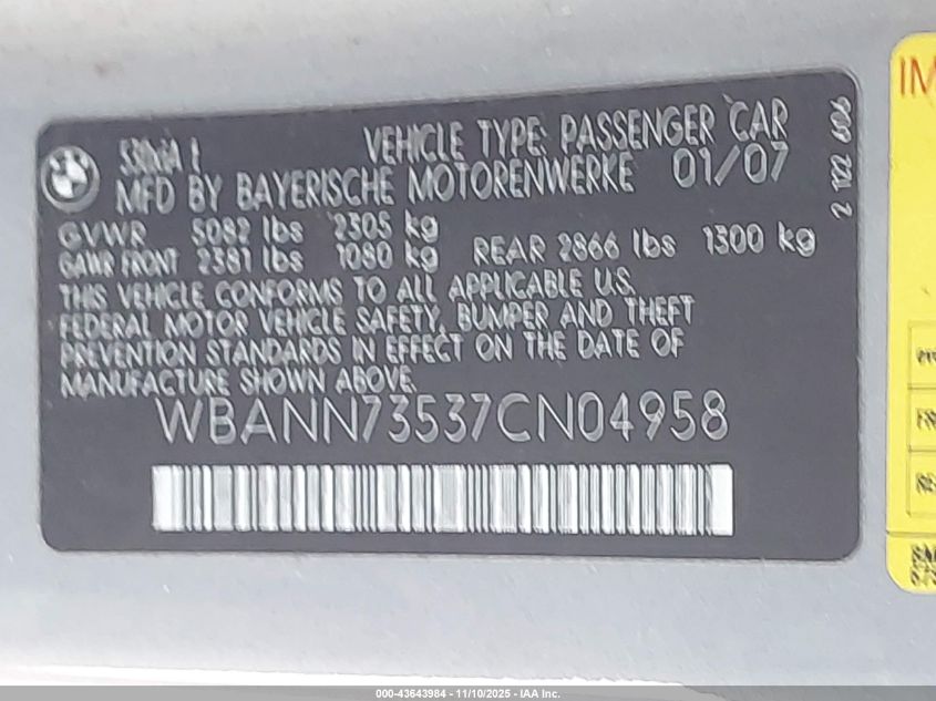 2007 BMW 530Xit VIN: WBANN73537CN04958 Lot: 43643984