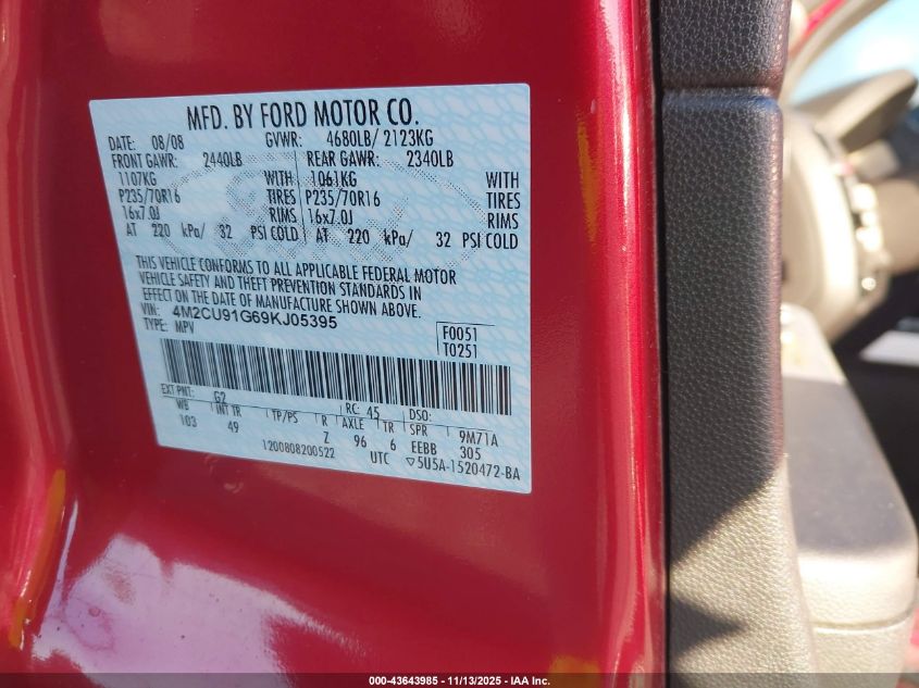 2009 Mercury Mariner V6 VIN: 4M2CU91G69KJ05395 Lot: 43643985