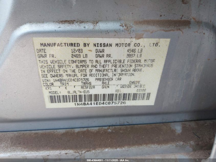 2004 Nissan Maxima 3.5 Se VIN: 1N4BA41E04C875726 Lot: 43644001