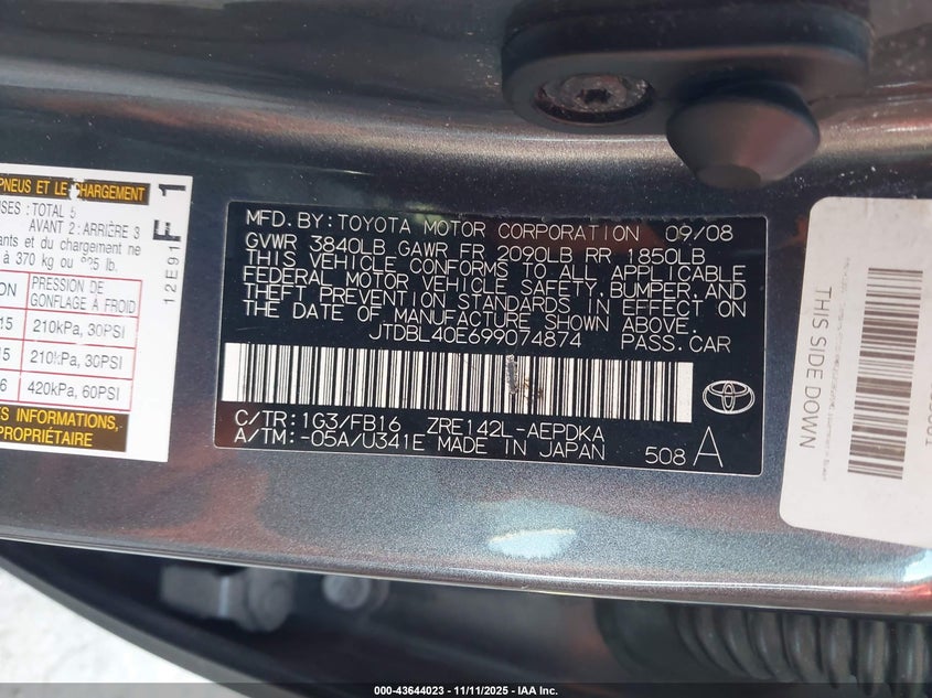 JTDBL40E699074874 2009 TOYOTA COROLLA photo no. 9