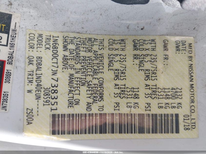 2018 Nissan Frontier S VIN: 1N6BD0CT7JN738351 Lot: 43644038