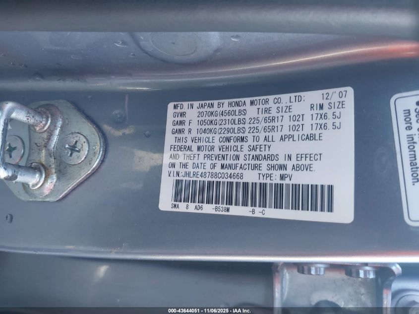 2008 Honda Cr-V Ex-L VIN: JHLRE48788C034668 Lot: 43644051