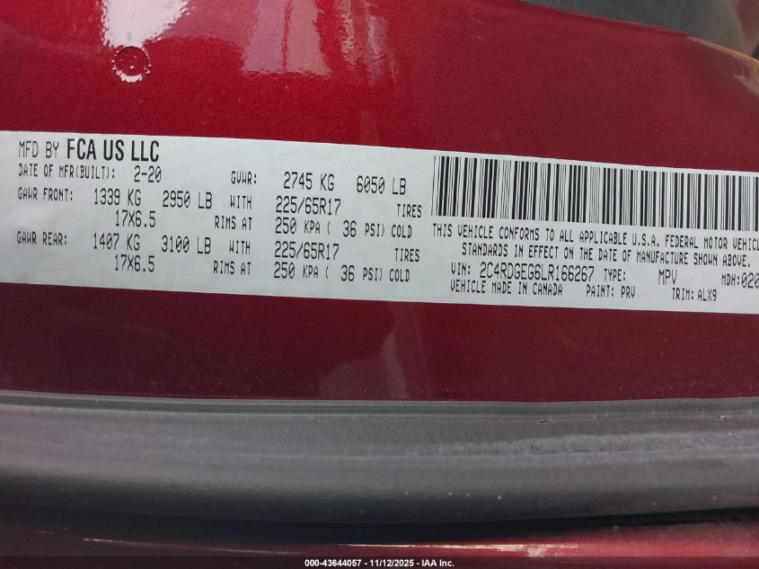 2020 Dodge Grand Caravan Gt VIN: 2C4RDGEG6LR166267 Lot: 43644057