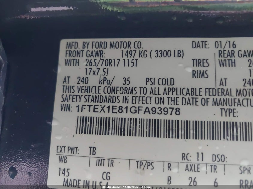 2016 FORD F-150 XL 1FTEX1E81GFA93978