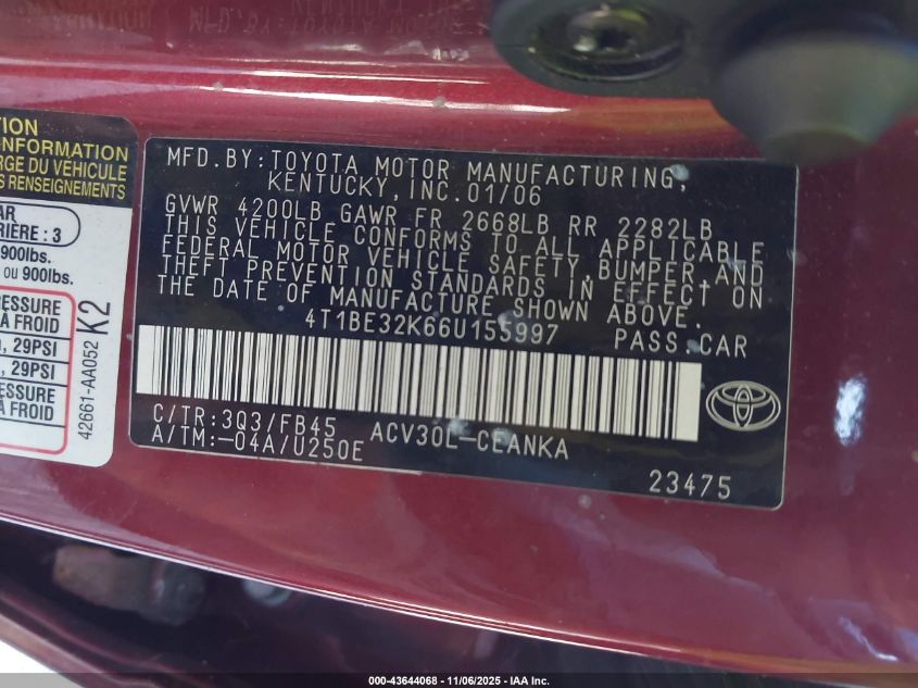 2006 Toyota Camry Le VIN: 4T1BE32K66U155997 Lot: 43644068