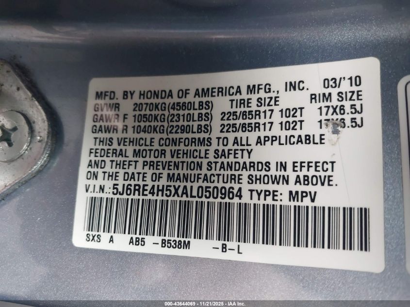 2010 Honda Cr-V Ex VIN: 5J6RE4H5XAL050964 Lot: 43644069