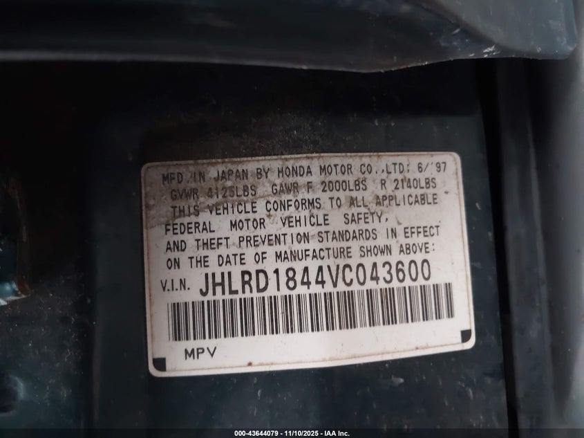 1997 Honda Cr-V VIN: JHLRD1844VC043600 Lot: 43644079