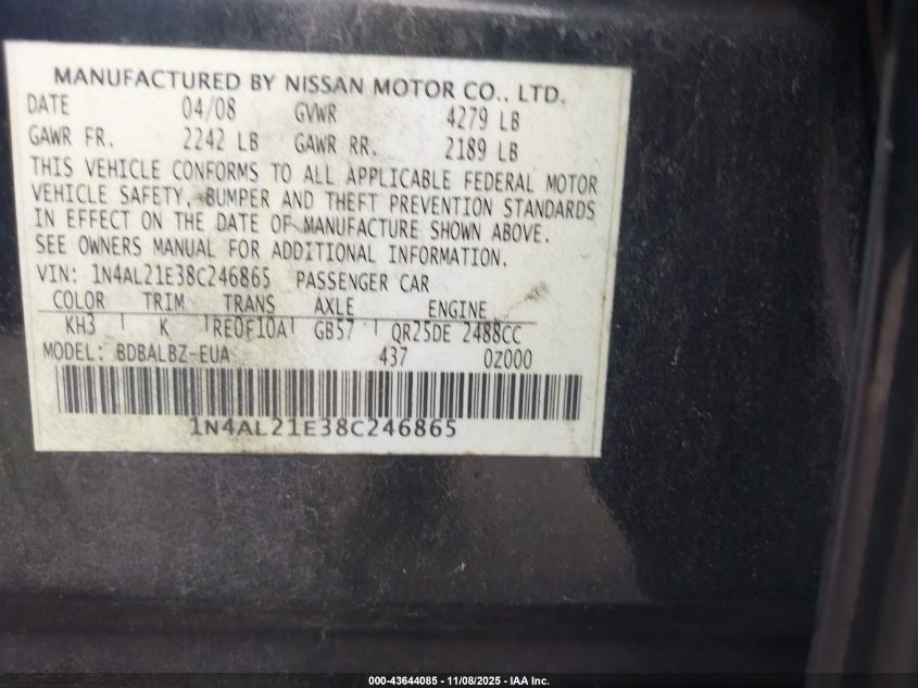 2008 Nissan Altima 2.5 S VIN: 1N4AL21E38C246865 Lot: 43644085