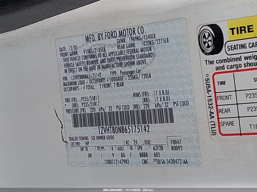 2006 Ford Mustang V6 VIN: 1ZVHT80N865175142 Lot: 43644092