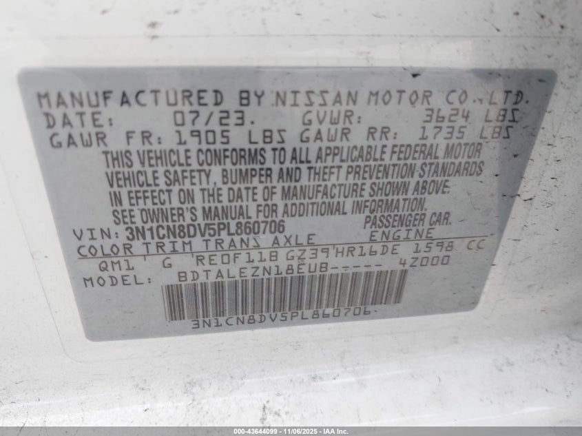 2023 NISSAN VERSA 1.6 S XTRONIC CVT - 3N1CN8DV5PL860706