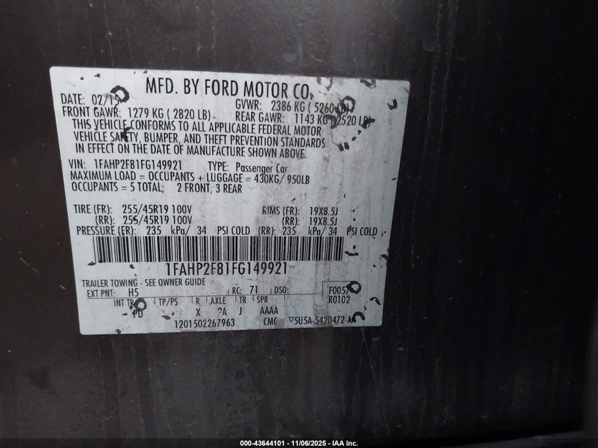 2015 FORD TAURUS LIMITED - 1FAHP2F81FG149921