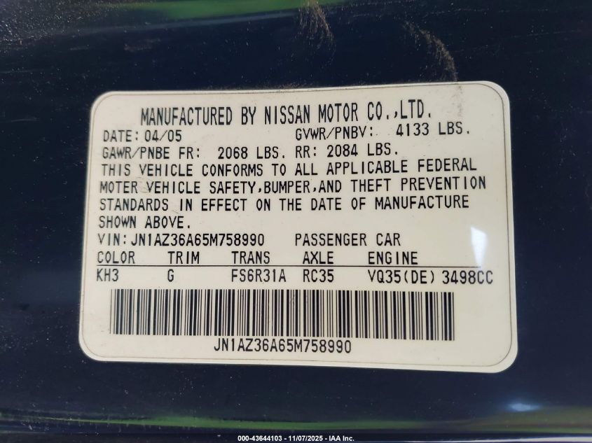 2005 Nissan 350Z Enthusiast VIN: JN1AZ36A65M758990 Lot: 43644103