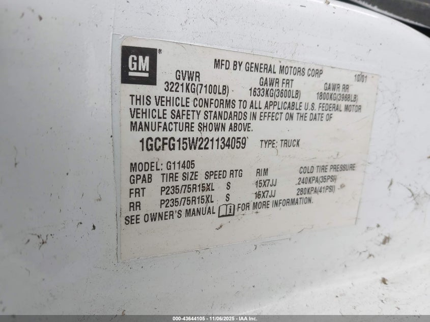 2002 Chevrolet Express VIN: 1GCFG15W221134059 Lot: 43644105