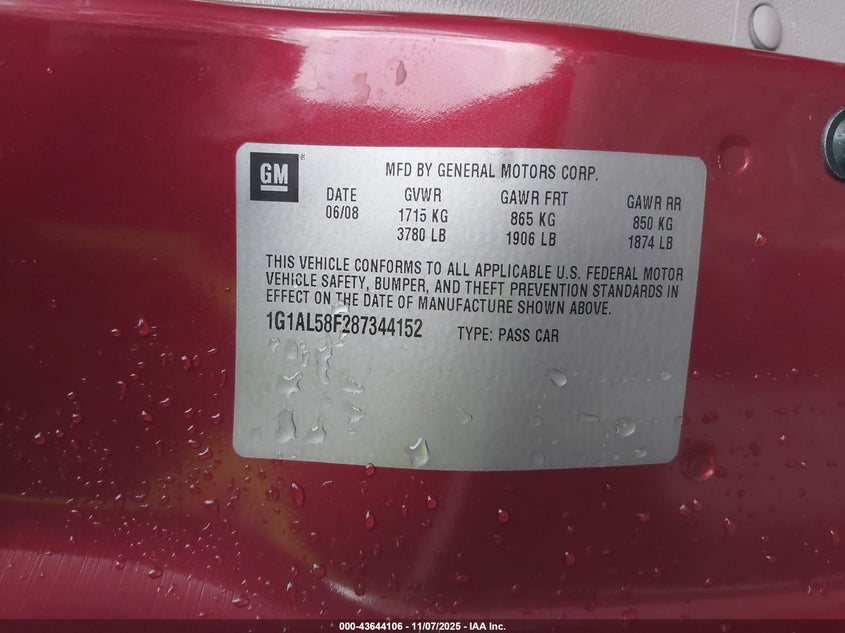 2007 Chevrolet Cobalt Lt VIN: 1G1AL58F377361105 Lot: 43644106