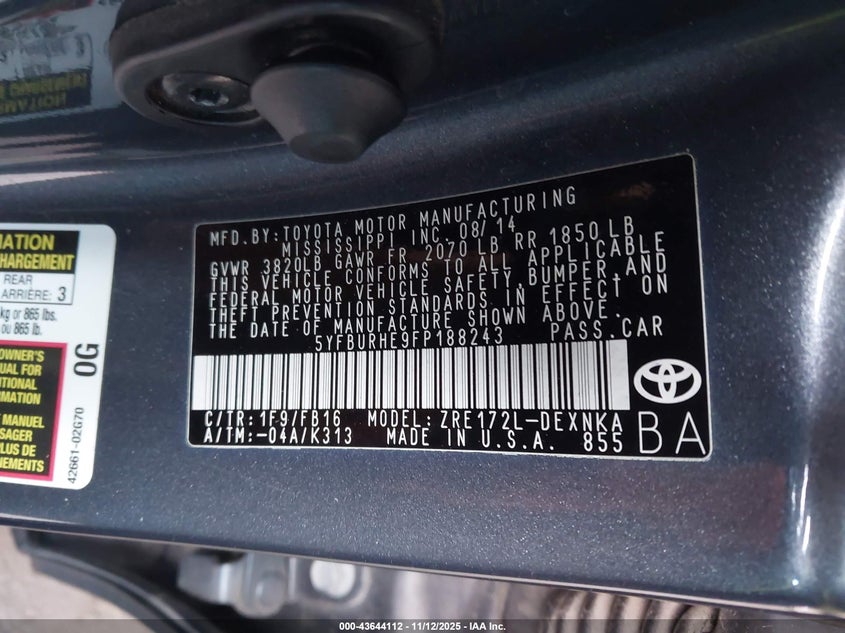 5YFBURHE9FP188243 2015 TOYOTA COROLLA photo no. 9