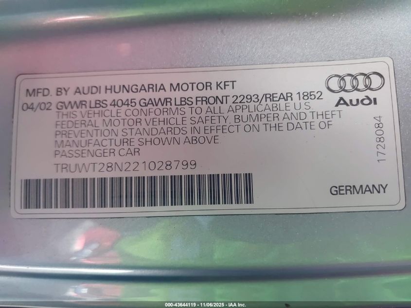 2002 Audi Tt Alms Commemorative Edition VIN: TRUWT28N221028799 Lot: 43644119