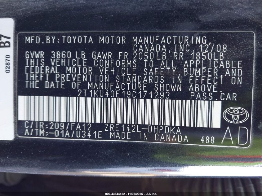 2009 Toyota Matrix VIN: 2T1KU40E19C171293 Lot: 43644122