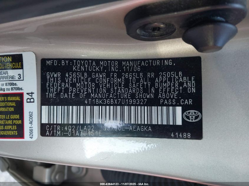 2007 Toyota Avalon Xls VIN: 4T1BK36BX7U199327 Lot: 43644123