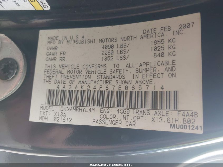 2007 Mitsubishi Eclipse Gs VIN: 4A3AK24F67E065714 Lot: 43644132