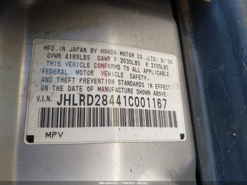 2001 Honda Cr-V Lx VIN: JHLRD28441C001167 Lot: 43644153