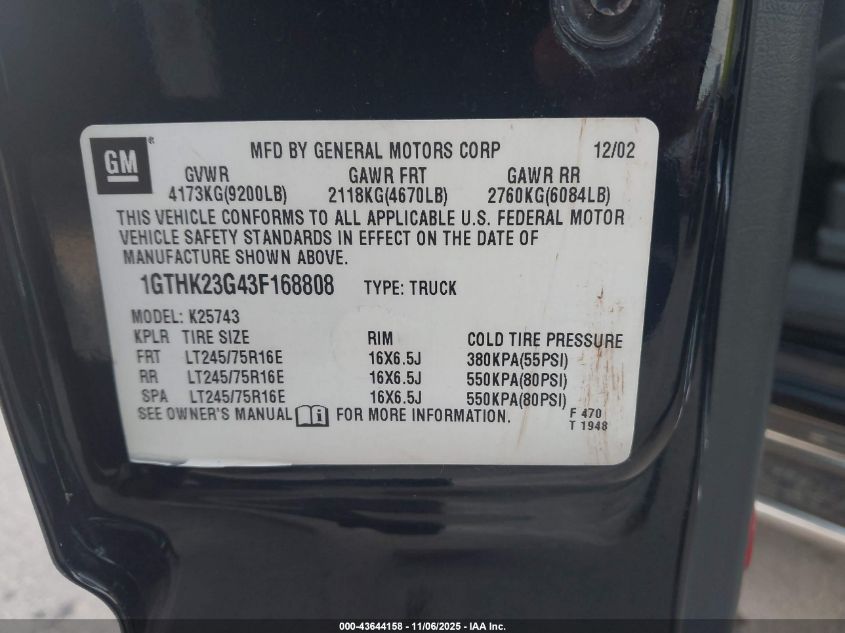 2003 GMC Sierra 2500Hd Sle VIN: 1GTHK23G43F168808 Lot: 43644158