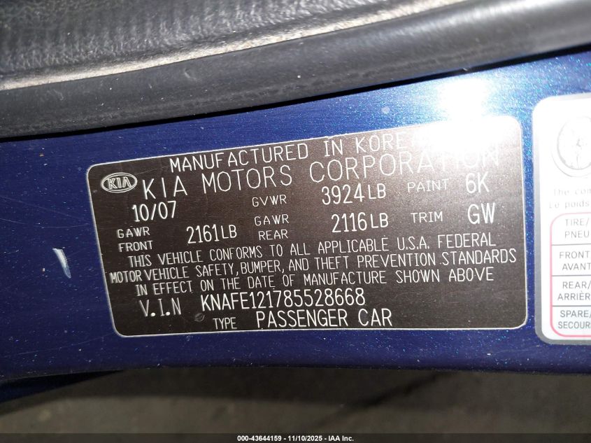 2008 Kia Spectra Ex VIN: KNAFE121785528668 Lot: 43644159
