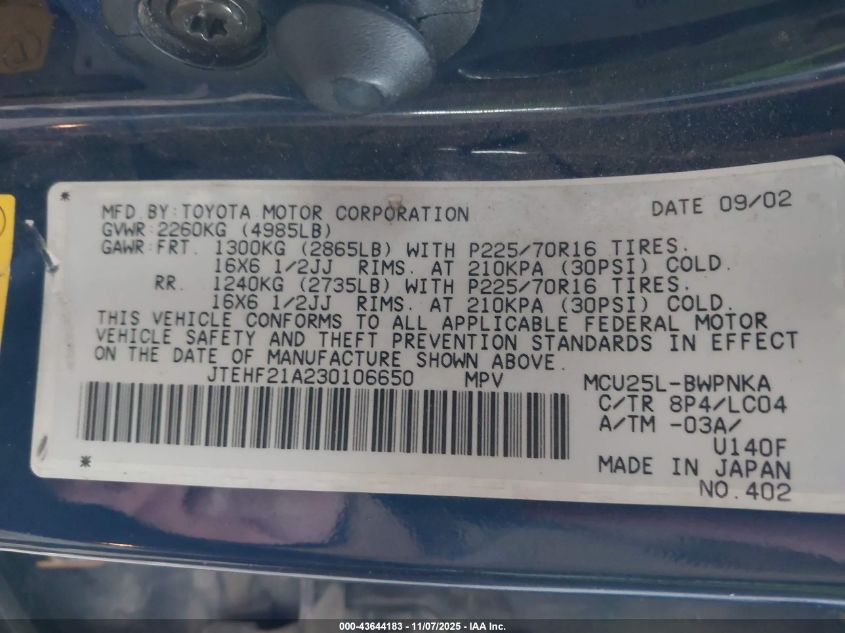2003 Toyota Highlander Limited V6 VIN: JTEHF21A230106650 Lot: 43644183