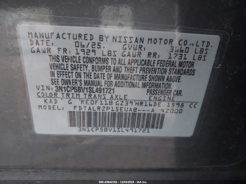 2025 Nissan Kicks Play S VIN: 3N1CP5BV1SL491721 Lot: 43644182