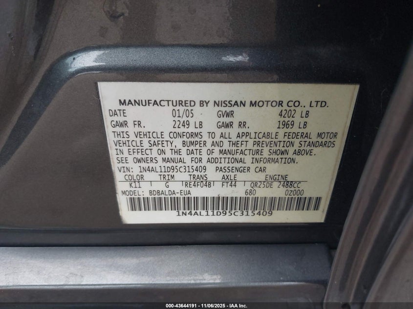 2005 Nissan Altima 2.5 S VIN: 1N4AL11D95C315409 Lot: 43644191