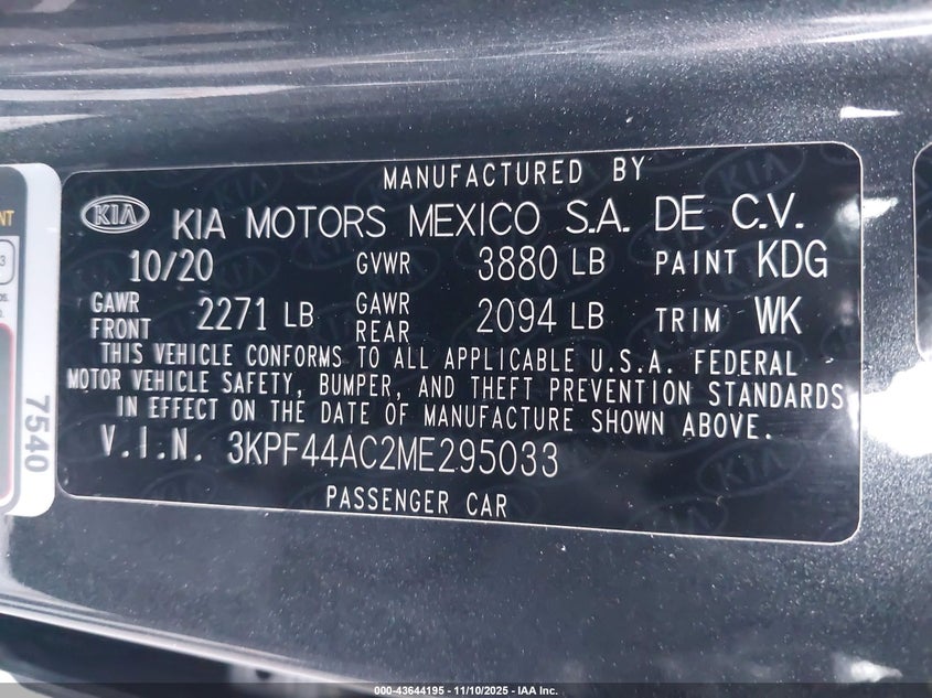 2021 Kia Forte Gt Manual VIN: 3KPF44AC2ME295033 Lot: 43644195