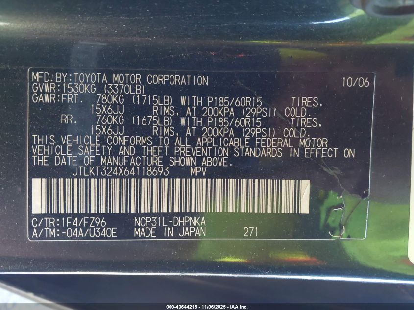 2006 Scion Xb VIN: JTLKT324X64118693 Lot: 43644215