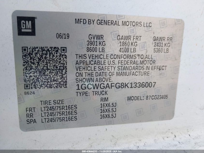 2019 Chevrolet Express 2500 Work Van VIN: 1GCWGAFG8K1336007 Lot: 43644233