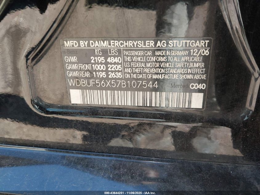 2007 Mercedes-Benz E 350 VIN: WDBUF56X57B107544 Lot: 43644251
