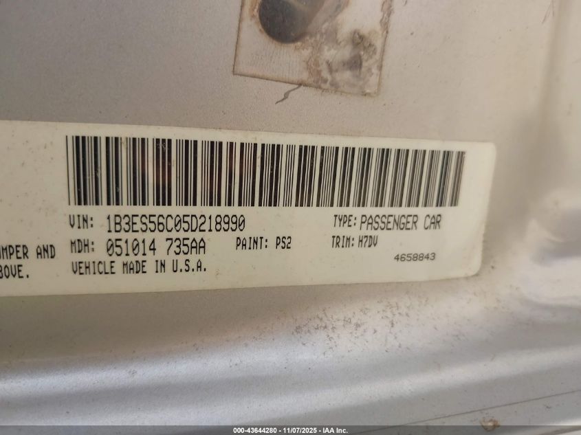 2005 Dodge Neon Sxt VIN: 1B3ES56C05D218990 Lot: 43644280