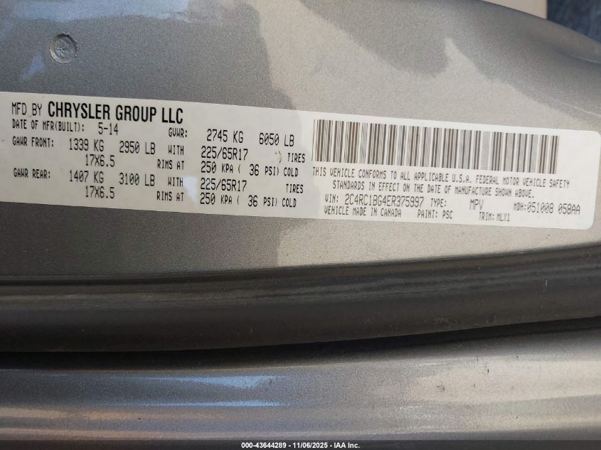 2014 Chrysler Town & Country Touring VIN: 2C4RC1BG4ER375997 Lot: 43644289