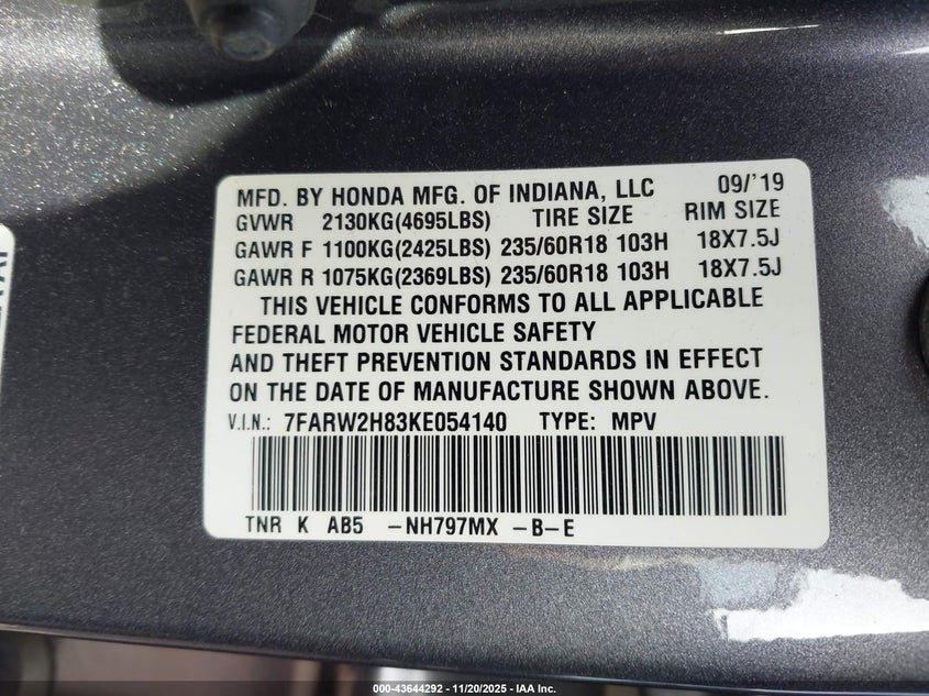 2019 Honda Cr-V Ex-L VIN: 7FARW2H83KE054140 Lot: 43644292