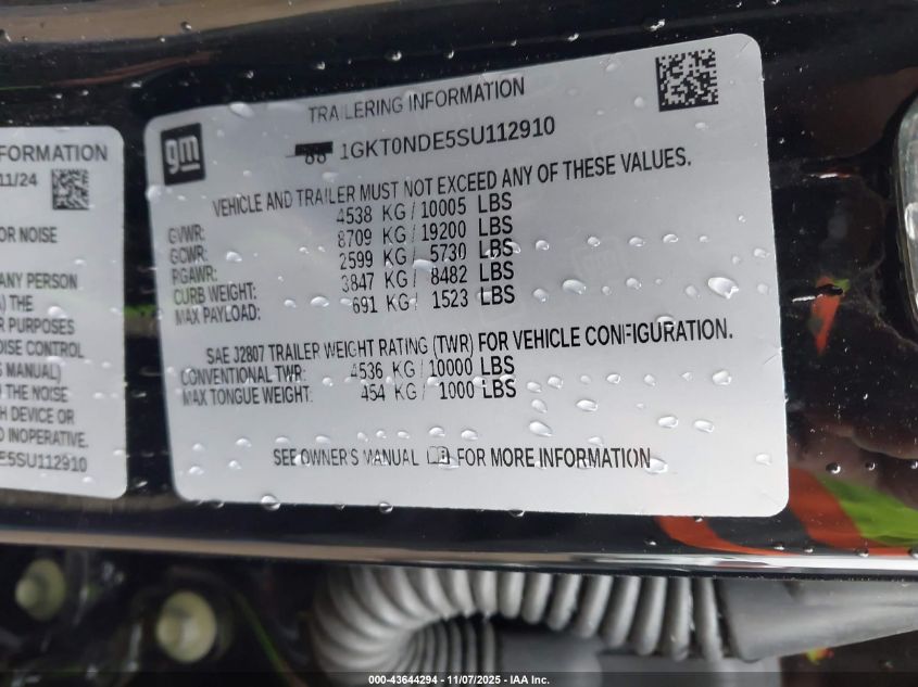 2025 GMC Hummer Ev Suv 2X VIN: 1GKT0NDE5SU112910 Lot: 43644294