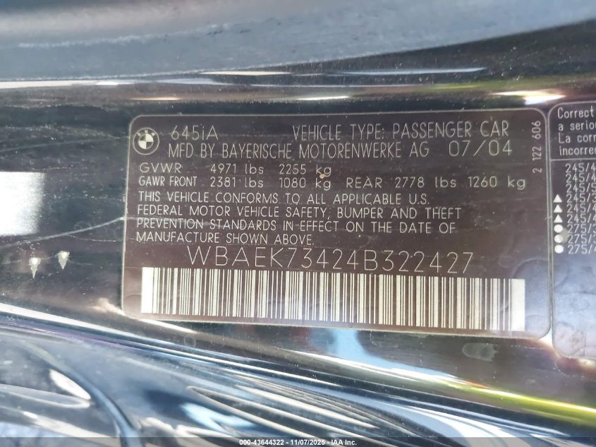 2004 BMW 645Ci VIN: WBAEK73424B322427 Lot: 43644322