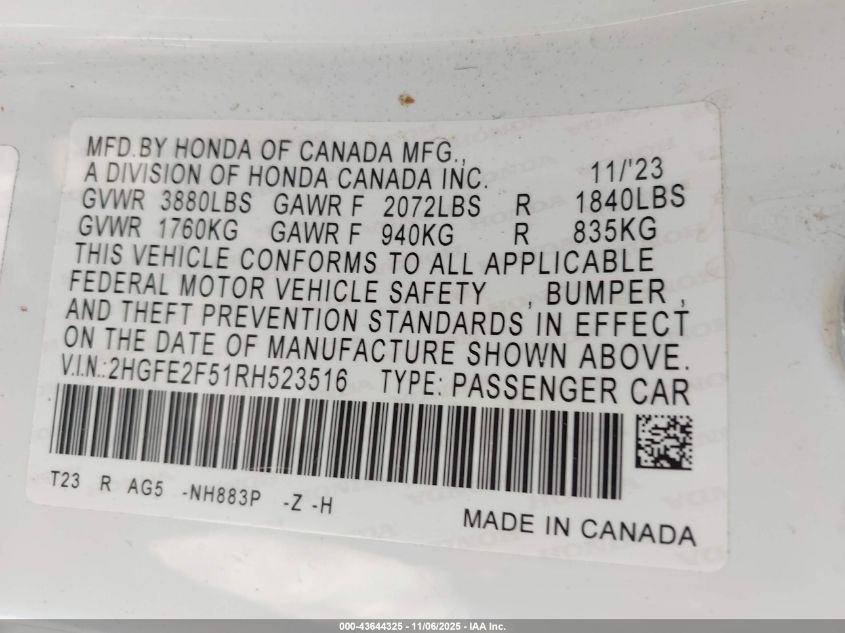 2024 Honda Civic Sport VIN: 2HGFE2F51RH523516 Lot: 43644325