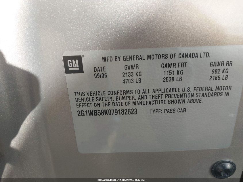 2007 Chevrolet Impala Ls VIN: 2G1WB58K079182623 Lot: 43644328