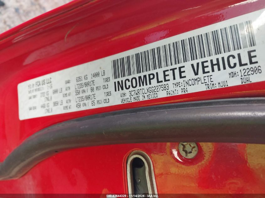 2016 Ram 3500 Chassis Tradesman/Slt/Laramie VIN: 3C7WRTCLXGG227583 Lot: 43644329