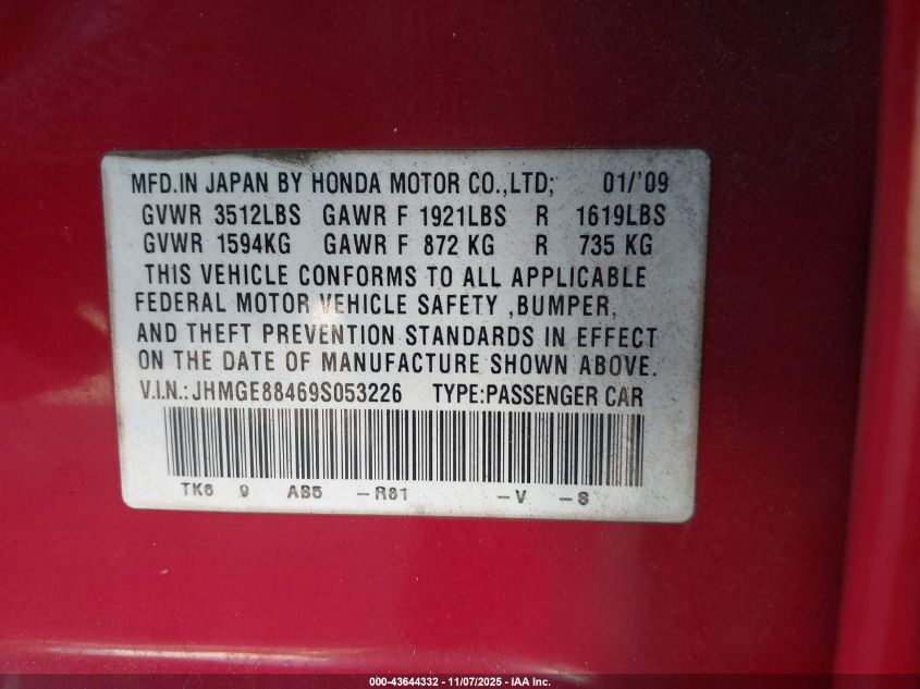 2009 Honda Fit Sport VIN: JHMGE88469S053226 Lot: 43644332