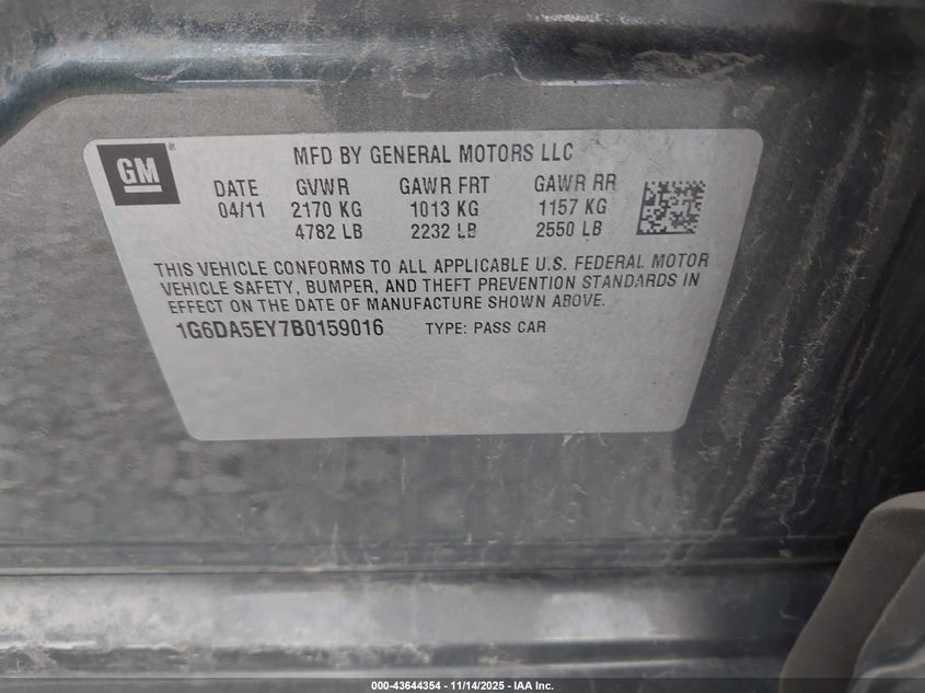 2011 Cadillac Cts Standard VIN: 1G6DA5EY7B0159016 Lot: 43644354