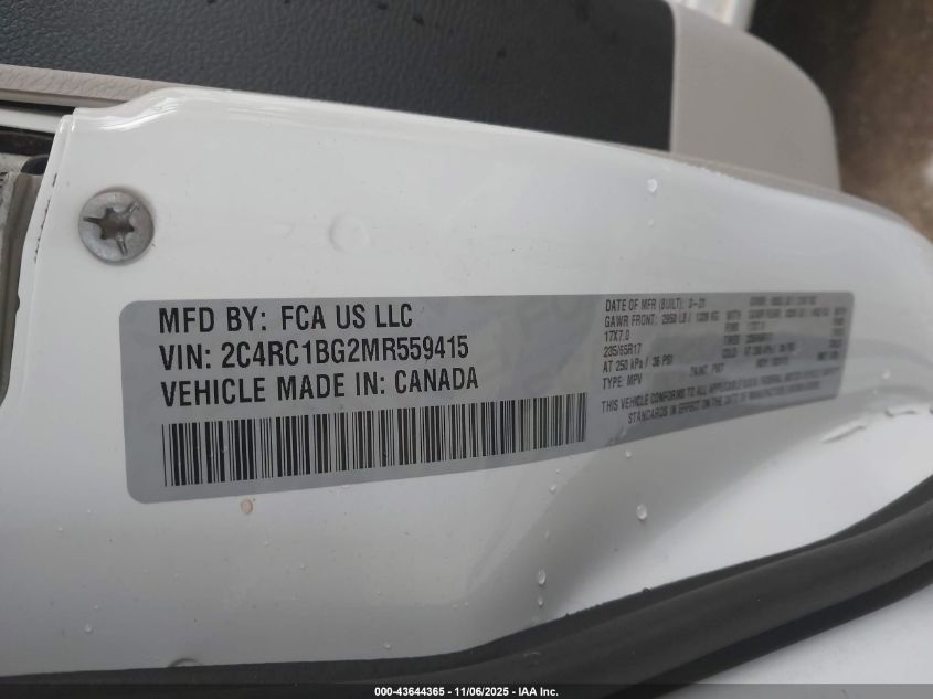 2021 Chrysler Pacifica Touring L VIN: 2C4RC1BG2MR559415 Lot: 43644365