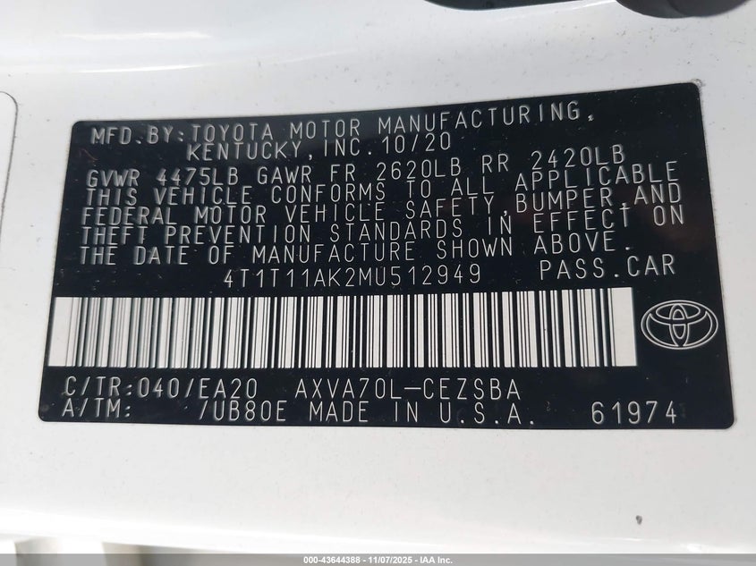 2021 TOYOTA CAMRY SE - 4T1T11AK2MU512949